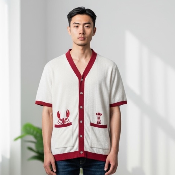 Art Of Rhetoric Cardigan Sweater Embroidered Red cream medium Lobster Pockets